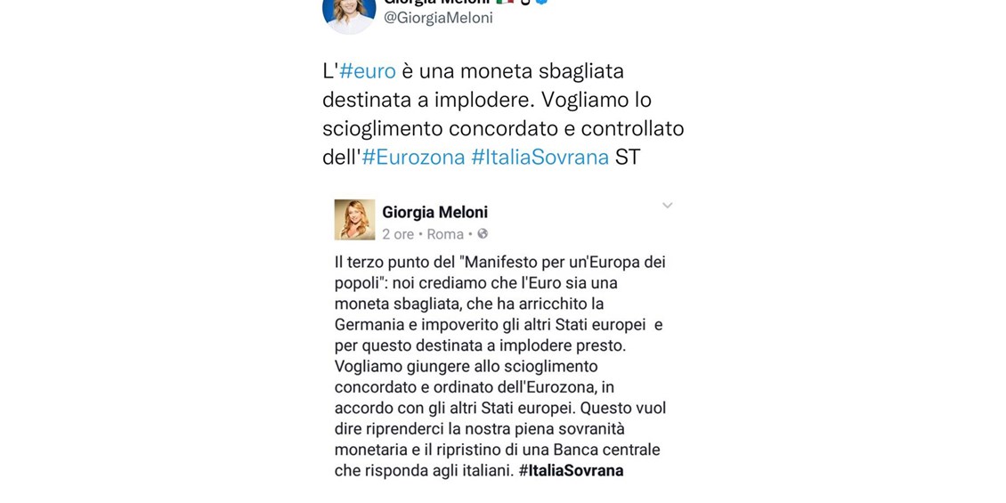 Giorgia Meloni, così come fece Salvini, rassicura che Fratelli d’Italia non intende uscire dall’euro, archiviando la richiesta della sovranità monetaria. Per entrare nel Palazzo del Potere bisogna parlare la stessa lingua