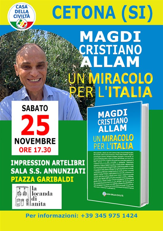Oggi, ore 17,30 Magdi Cristiano Allam a Cetona presenta “Un miracolo per l'Italia”  